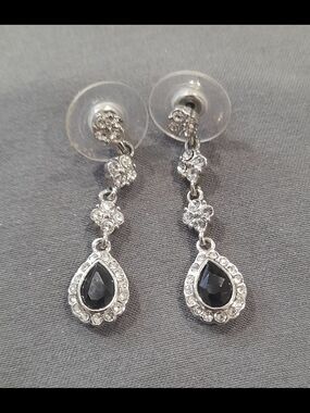 Monet Silver-Tone Black Teardrop Crystal Drop Earrings